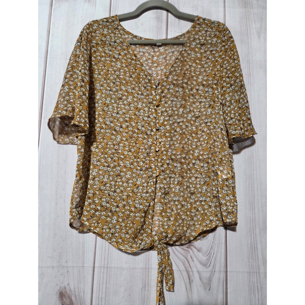 Mittoshop Women Mustard Yellow Floral Chiffon Button Tie Front Blouse Small